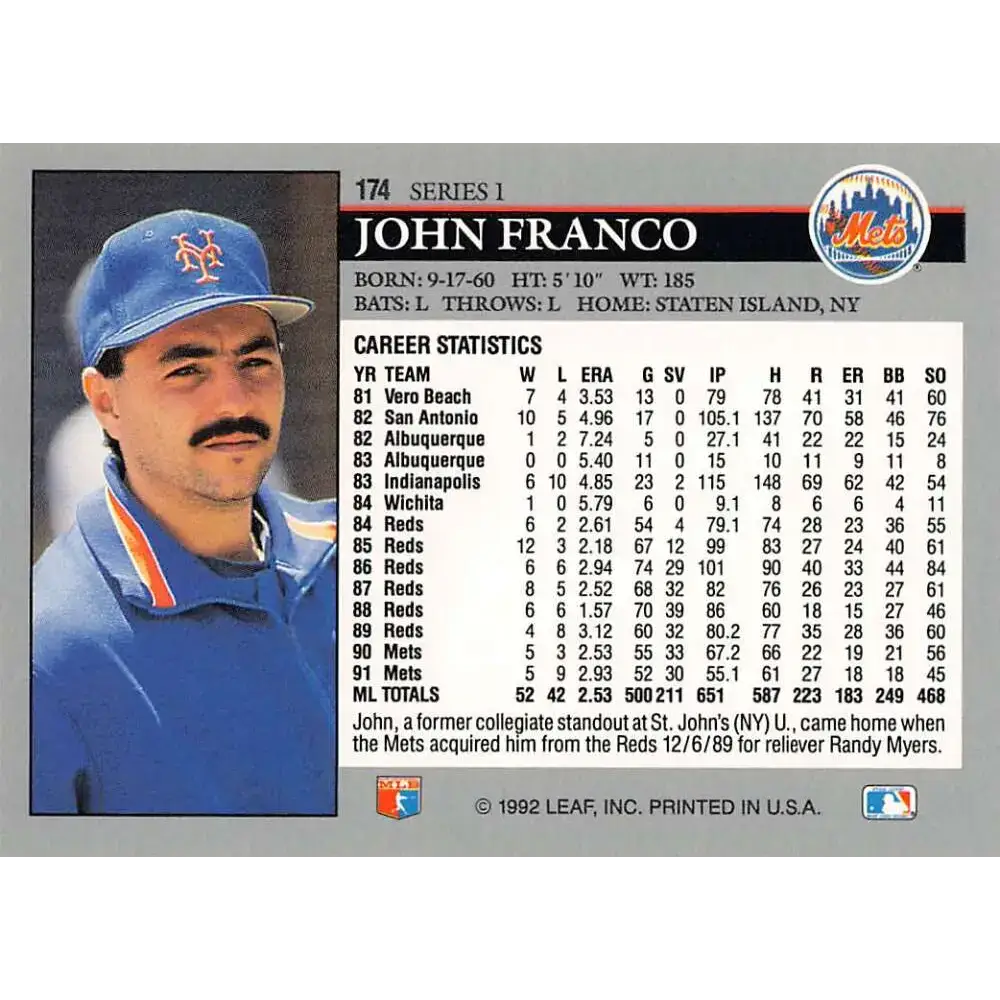 1992 Leaf #174 John Franco NM-MT New York Mets Baseball Card - Baseball Card Single