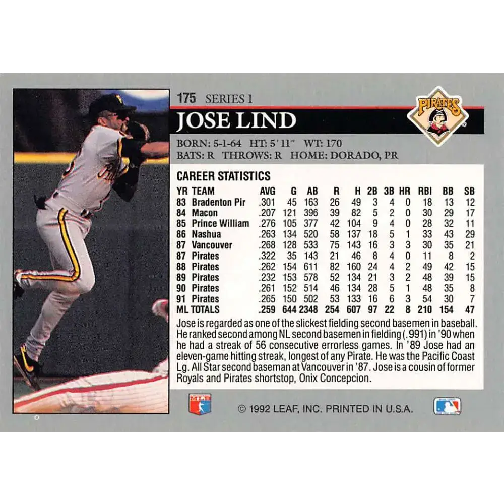 1992 Leaf #175 Jose Lind NM-MT Pittsburgh Pirates Baseball Card - Baseball Card Single