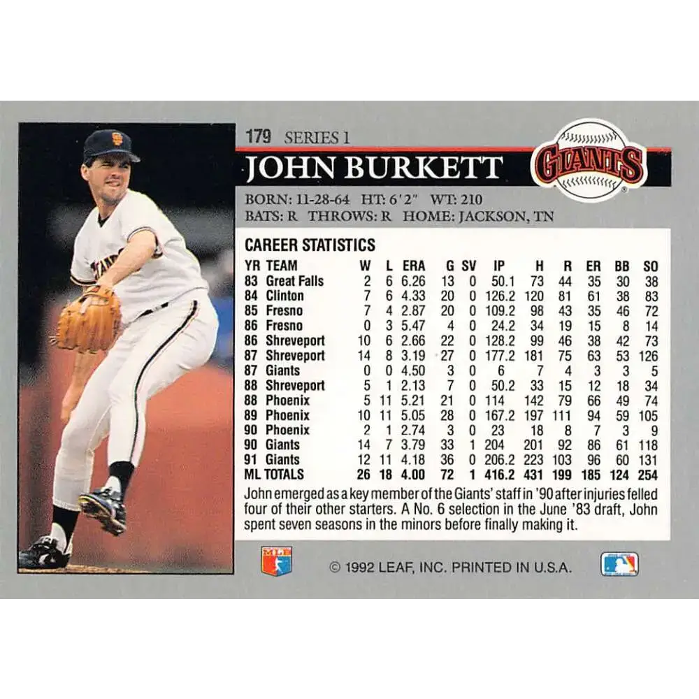 1992 Leaf #179 John Burkett NM-MT San Francisco Giants Baseball Card - Baseball Card Single