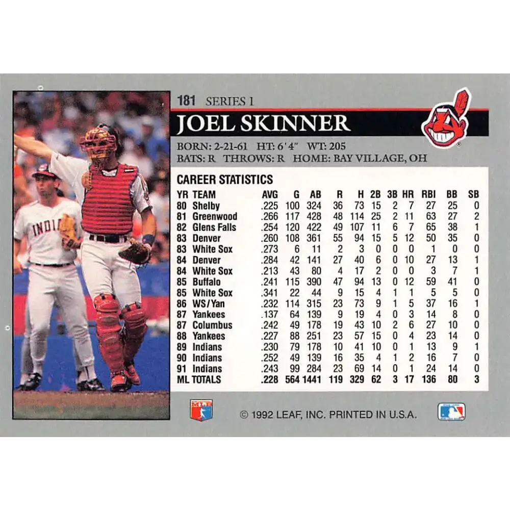 1992 Leaf #181 Joel Skinner NM-MT Cleveland Indians Baseball Card - Baseball Card Single