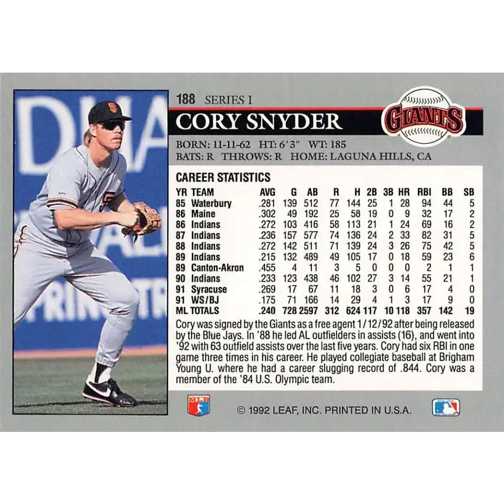 1992 Leaf #188 Cory Snyder NM-MT San Francisco Giants Baseball Card - Baseball Card Single