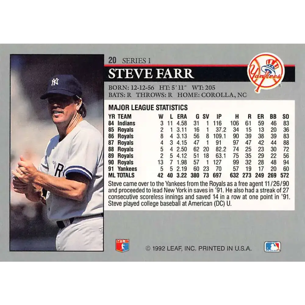 1992 Leaf #20 Steve Farr NM-MT New York Yankees Baseball Card - Baseball Card Single