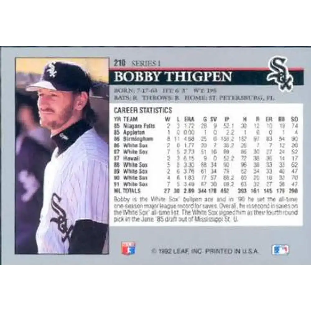 1992 Leaf #210 Bobby Thigpen NM-MT Chicago White Sox Baseball Card - Baseball Card Single