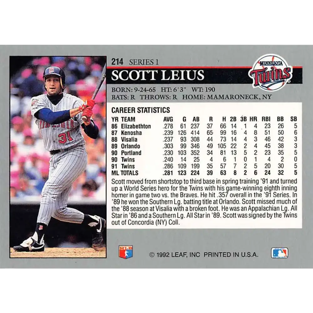 1992 Leaf #214 Scott Leius NM-MT Minnesota Twins Baseball Card - Baseball Card Single