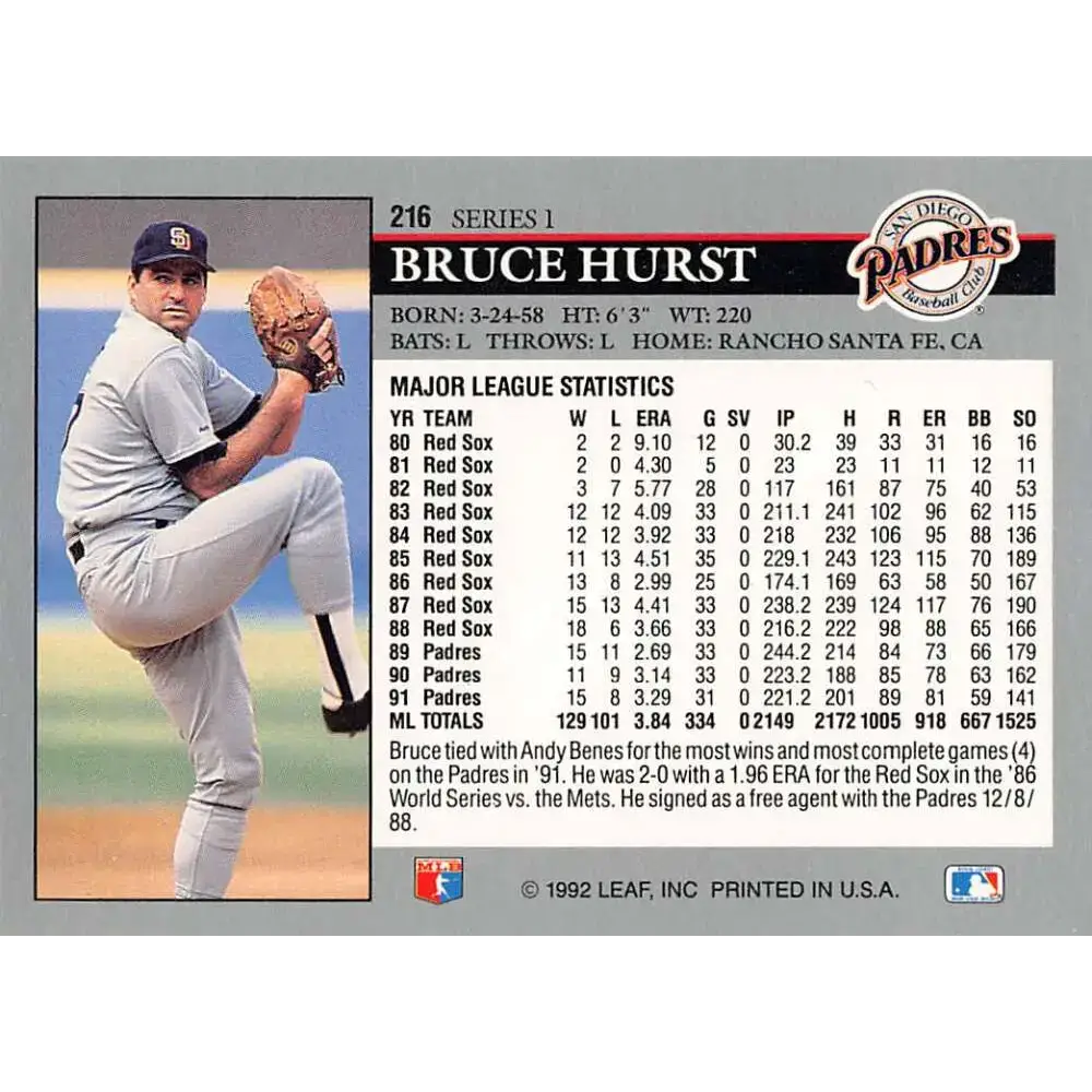 1992 Leaf #216 Bruce Hurst NM-MT San Diego Padres Baseball Card - Baseball Card Single