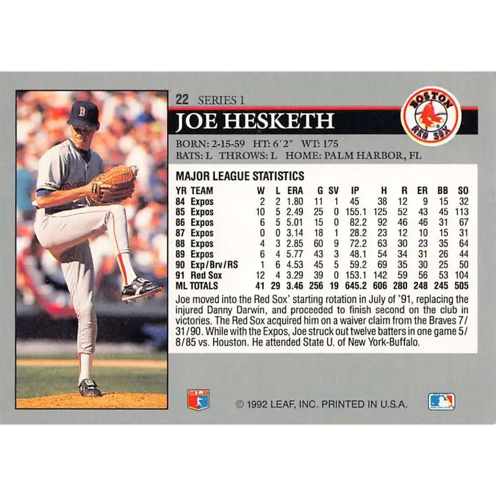 1992 Leaf #22 Joe Hesketh NM-MT Boston Red Sox Baseball Card - Baseball Card Single