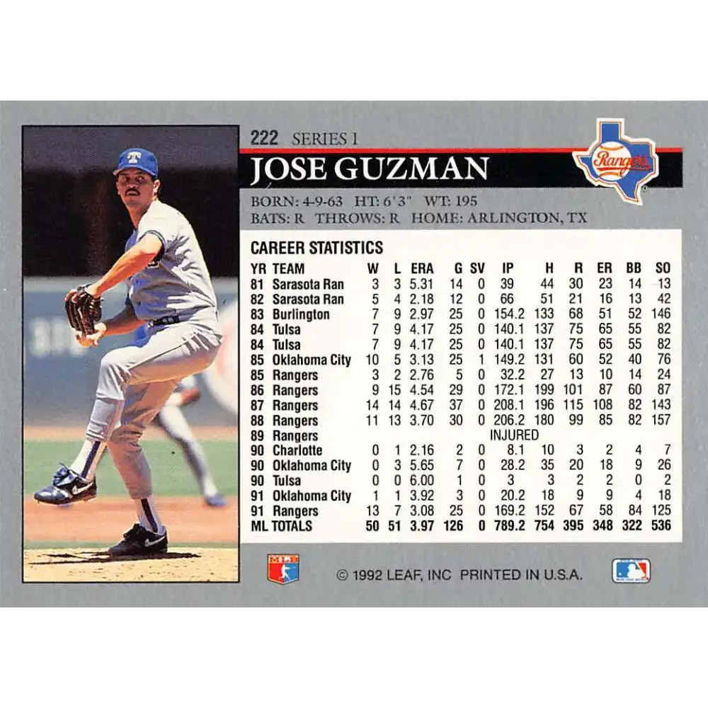 1992 Leaf #222 Jose Guzman NM-MT Texas Rangers Baseball Card - Baseball Card Single