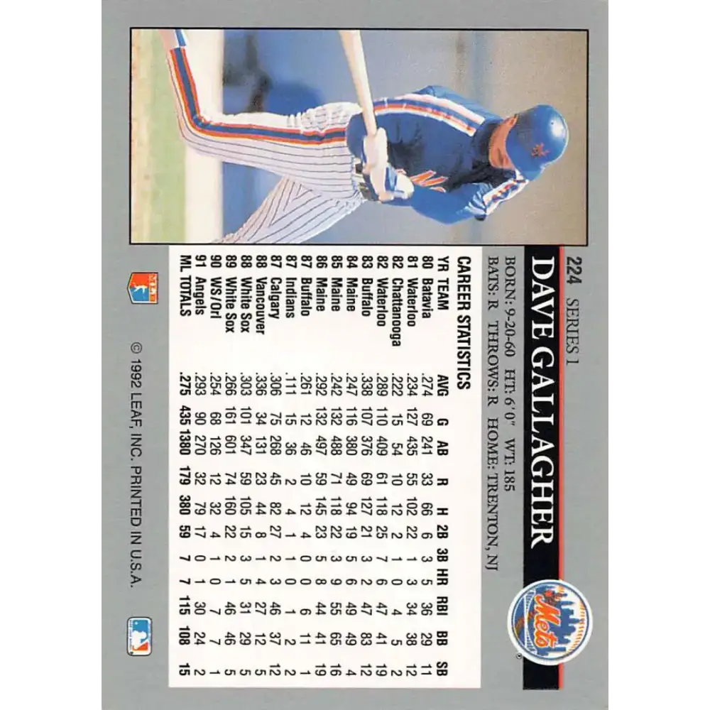 1992 Leaf #224 Dave Gallagher NM-MT New York Mets Baseball Card - Baseball Card Single
