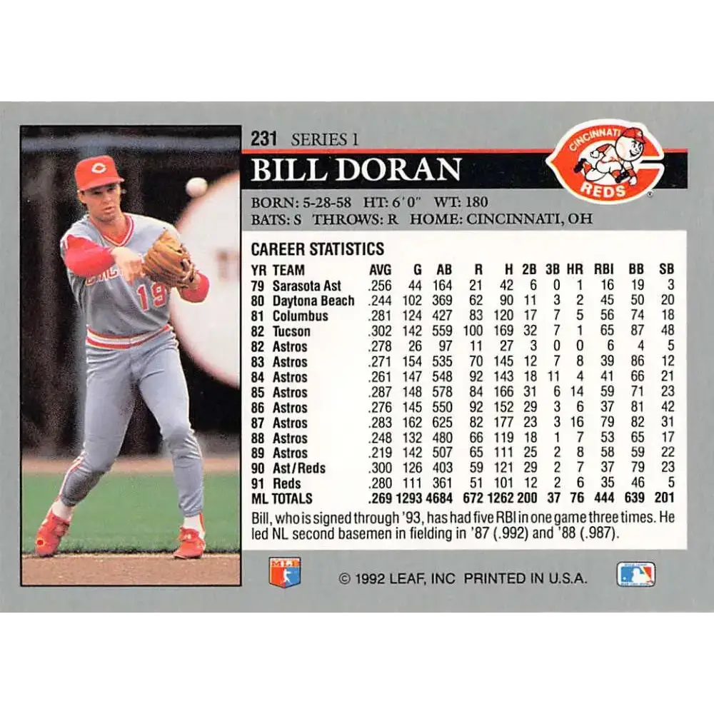 1992 Leaf #231 Bill Doran NM-MT Cincinnati Reds Baseball Card - Baseball Card Single