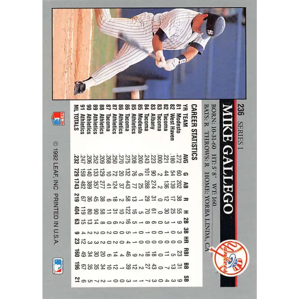 1992 Leaf #236 Mike Gallego NM-MT New York Yankees Baseball Card - Baseball Card Single