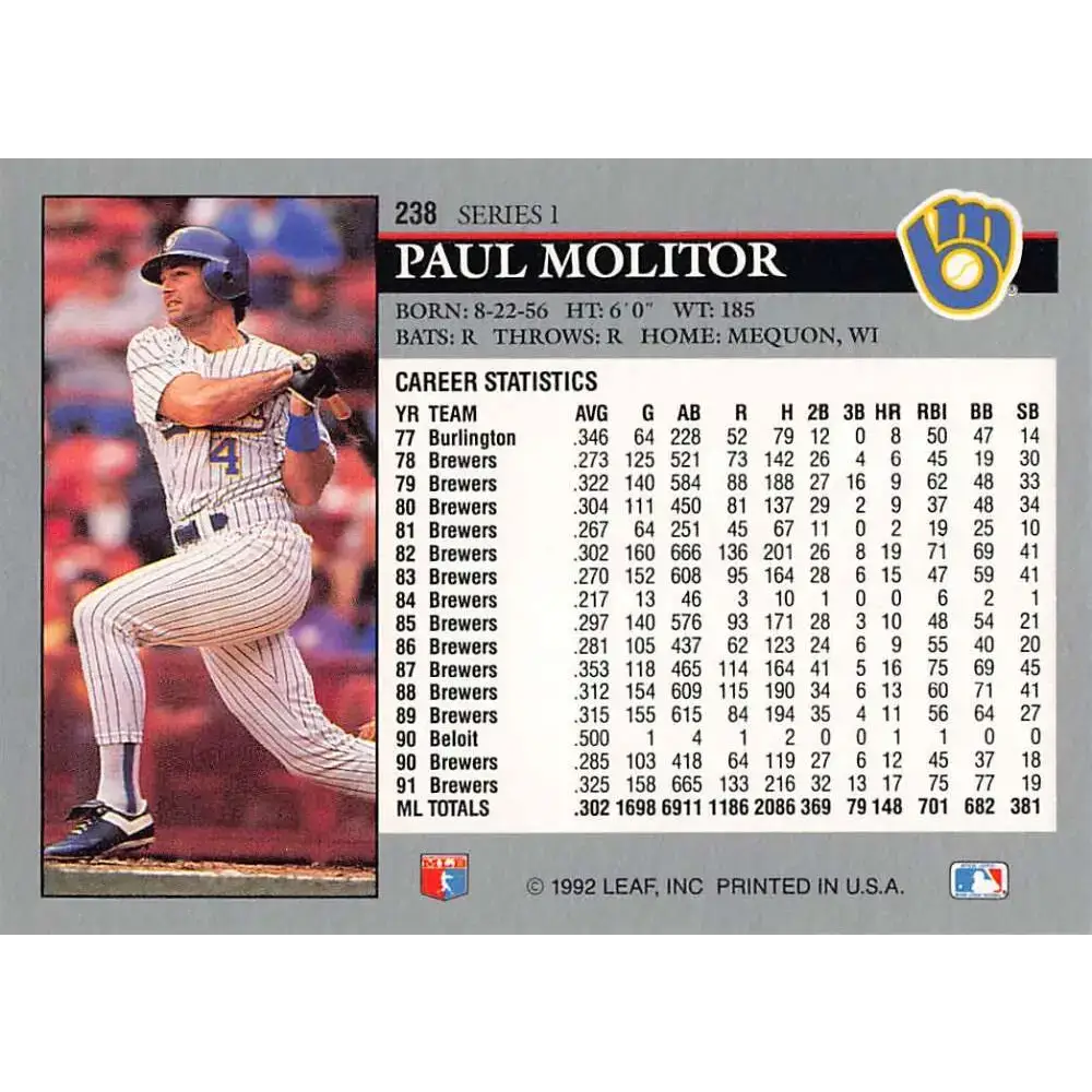 1992 Leaf #238 Paul Molitor NM-MT Milwaukee Brewers Baseball Card - Baseball Card Single