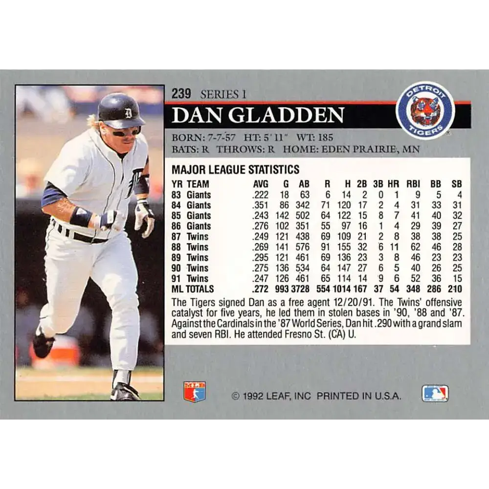 1992 Leaf #239 Dan Gladden NM-MT Detroit Tigers Baseball Card - Baseball Card Single