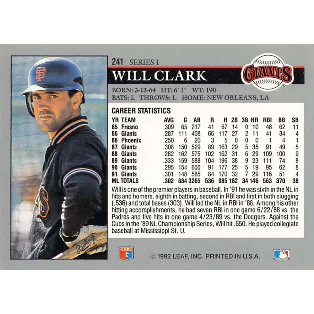 1992 Leaf #241 Will Clark NM-MT San Francisco Giants Baseball Card - Baseball Card Single