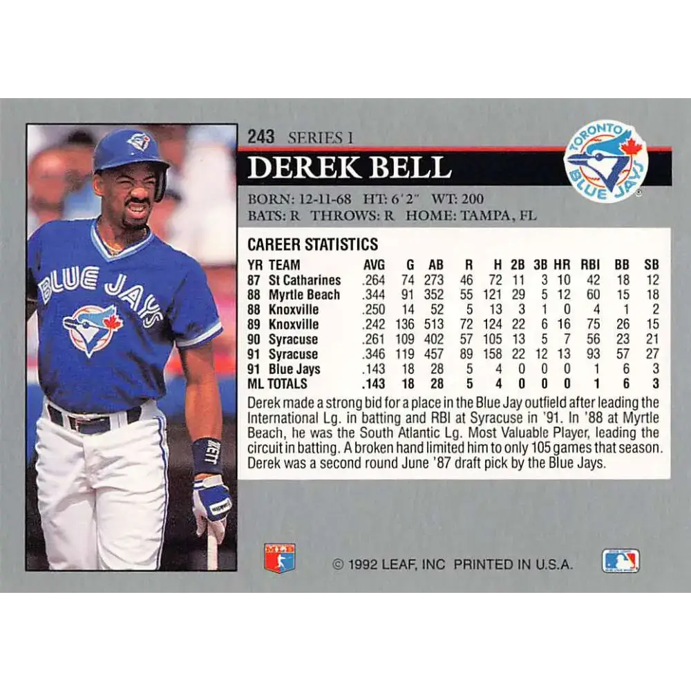 1992 Leaf #243 Derek Bell NM-MT Toronto Blue Jays Baseball Card - Baseball Card Single