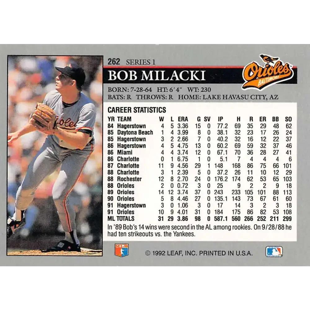 1992 Leaf #262 Bob Milacki NM-MT Baltimore Orioles Baseball Card - Baseball Card Single