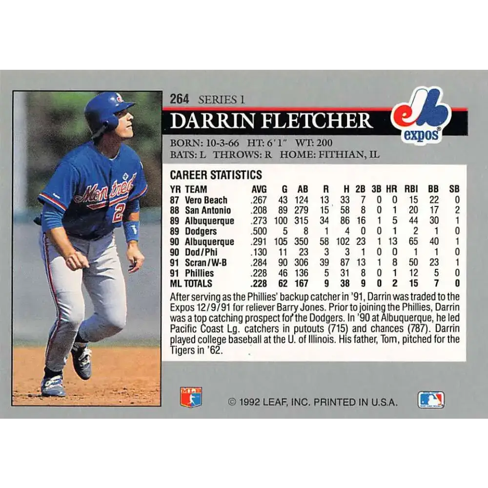 1992 Leaf #264 Darrin Fletcher NM-MT Montreal Expos Baseball Card - Baseball Card Single