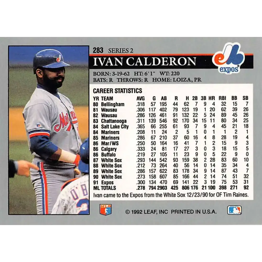 1992 Leaf #283 Ivan Calderon NM-MT Montreal Expos Baseball Card - Baseball Card Single