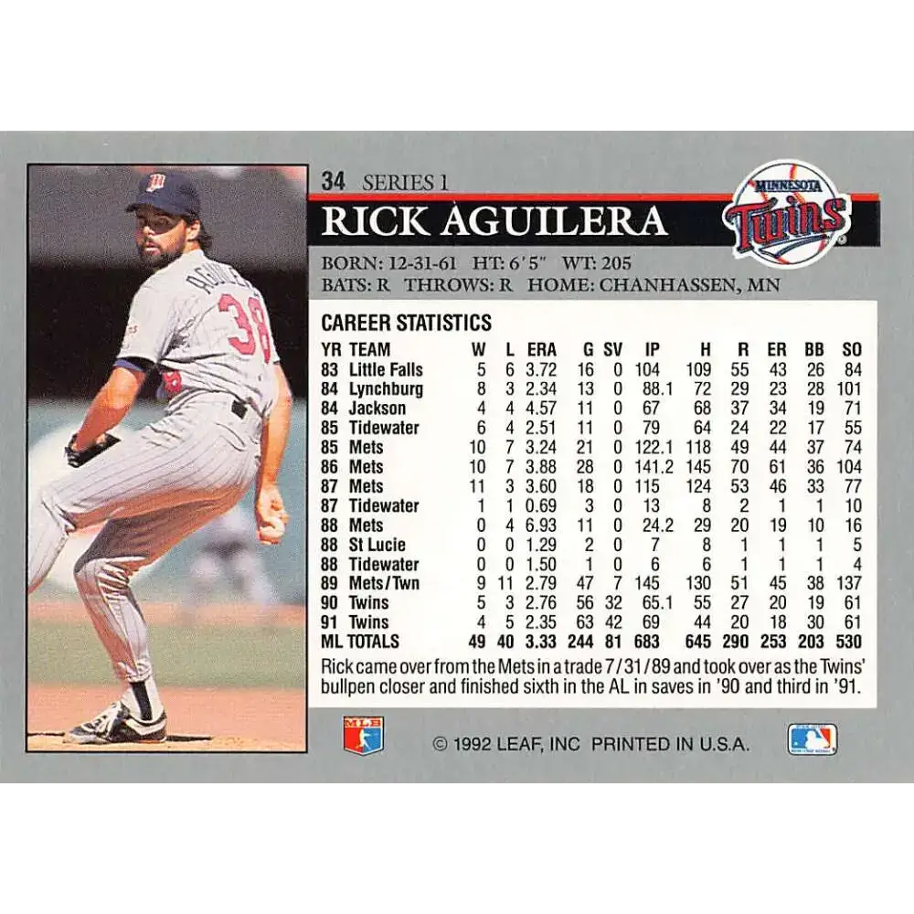 1992 Leaf #34 Rick Aguilera NM-MT Minnesota Twins Baseball Card - Baseball Card Single