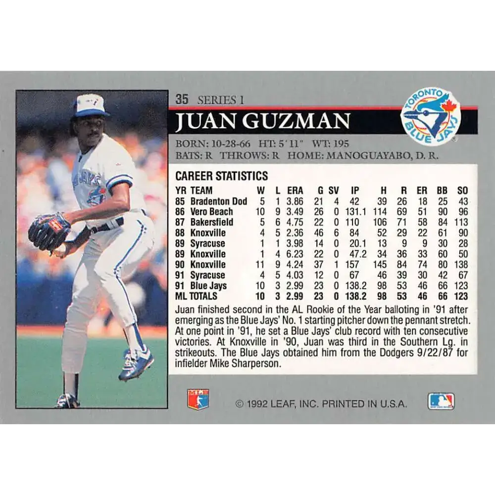 1992 Leaf #35 Juan Guzman NM-MT Toronto Blue Jays Baseball Card - Baseball Card Single
