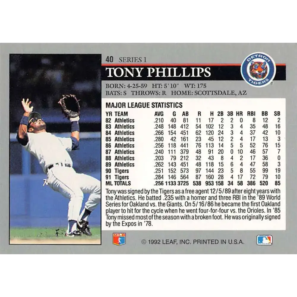 1992 Leaf #40 Tony Phillips NM-MT Detroit Tigers Baseball Card - Baseball Card Single