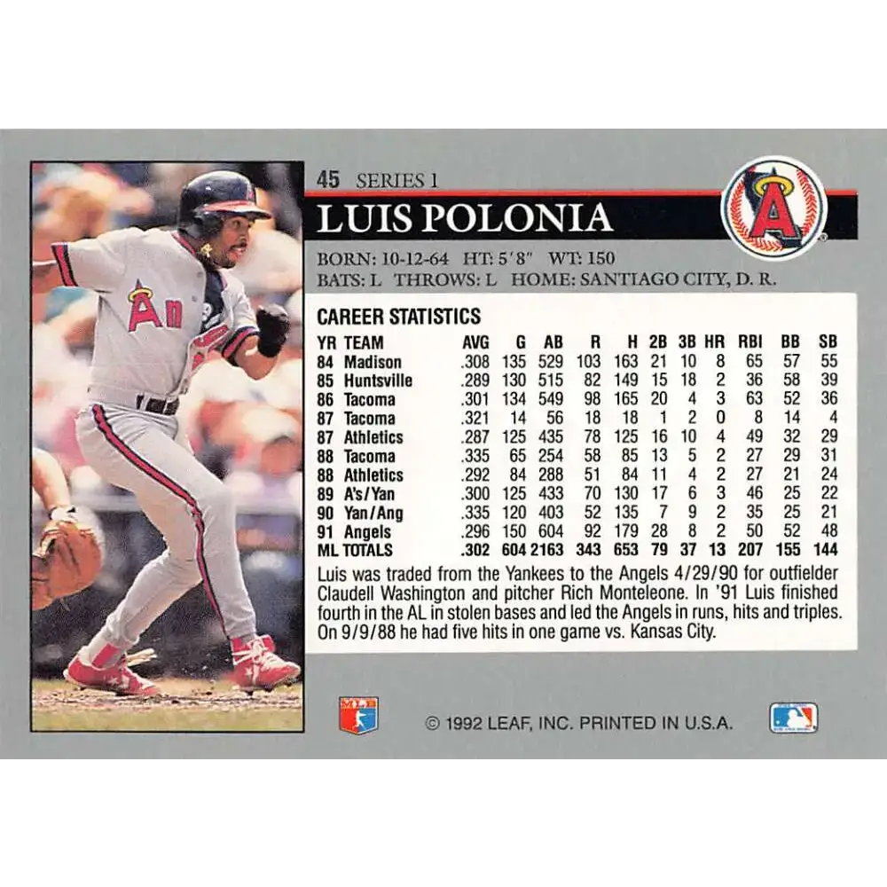 1992 Leaf #45 Luis Polonia NM-MT California Angels Baseball Card - Baseball Card Single