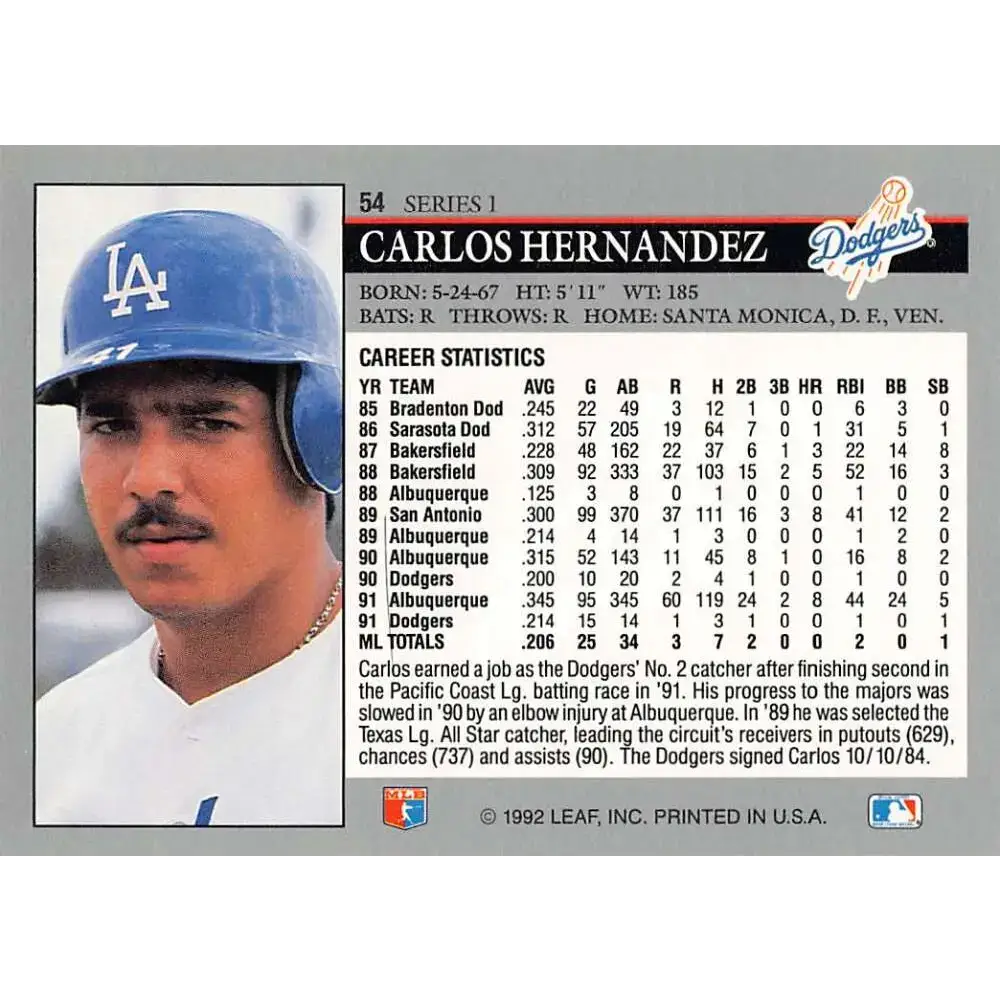 1992 Leaf #54 Carlos Hernandez NM-MT Los Angeles Dodgers Baseball Card - Baseball Card Single