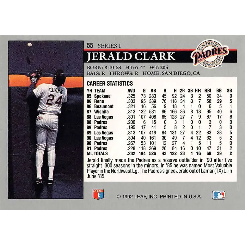 1992 Leaf #55 Jerald Clark NM-MT San Diego Padres Baseball Card - Baseball Card Single