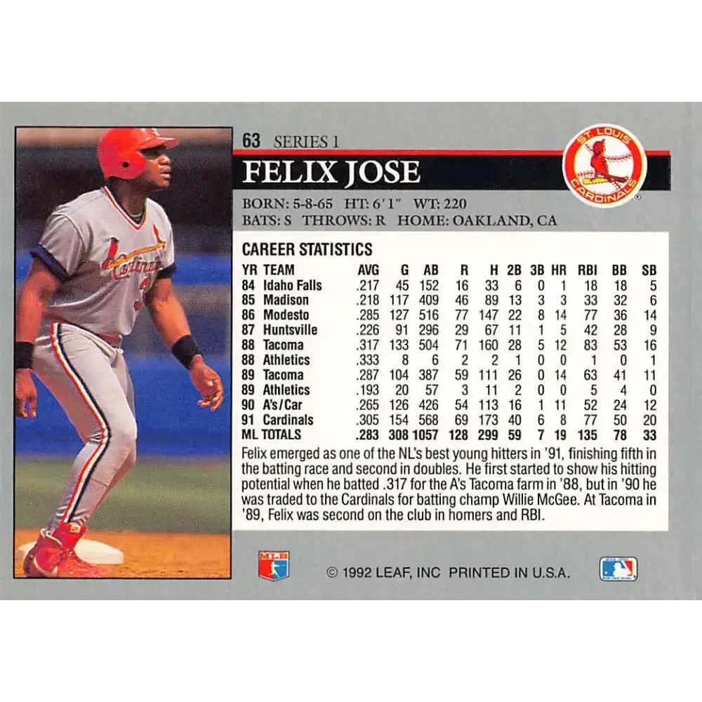 1992 Leaf #63 Felix Jose NM-MT St. Louis Cardinals Baseball Card - Baseball Card Single