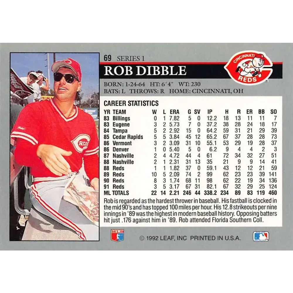 1992 Leaf #69 Rob Dibble NM-MT Cincinnati Reds Baseball Card - Baseball Card Single