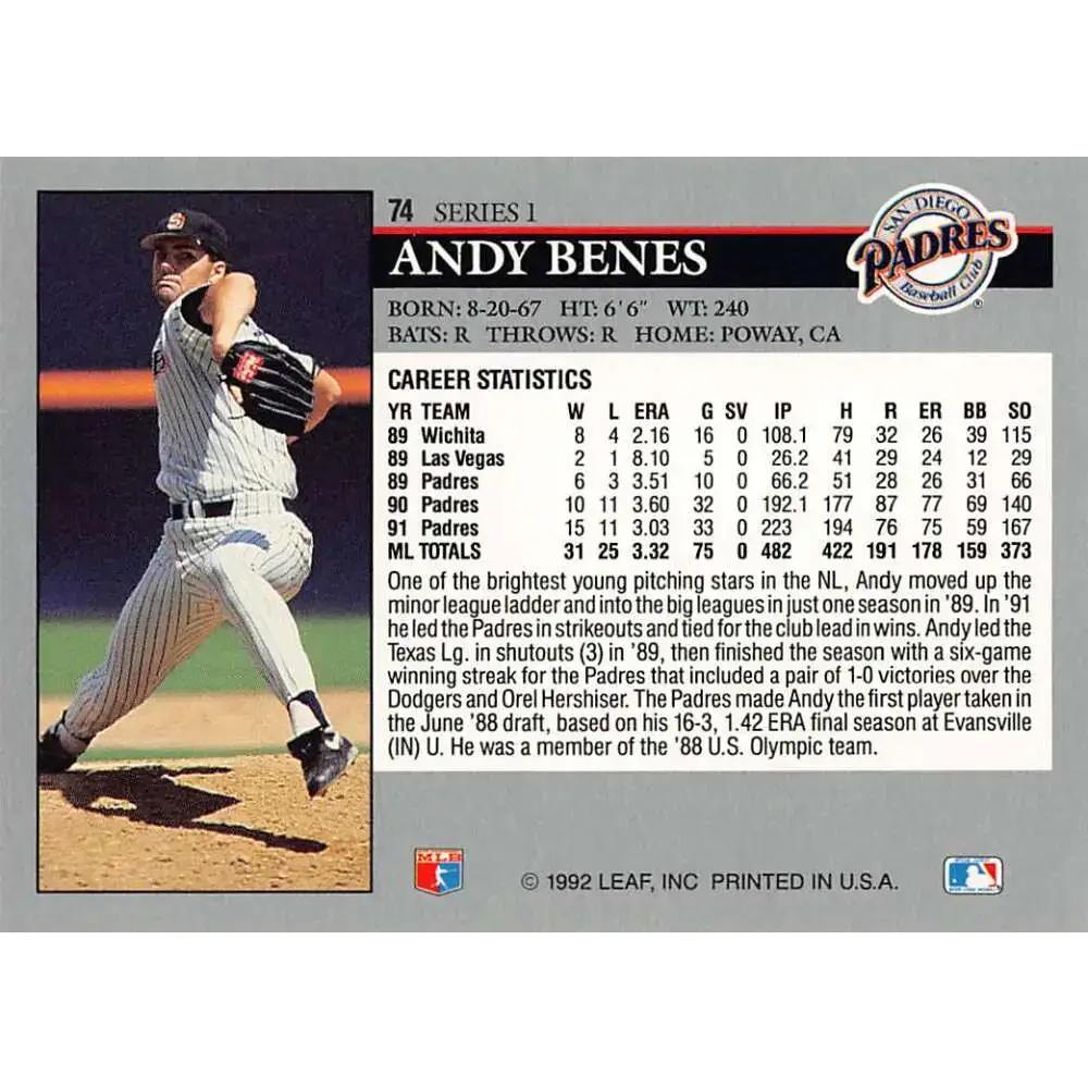 1992 Leaf #74 Andy Benes NM-MT San Diego Padres Baseball Card - Baseball Card Single