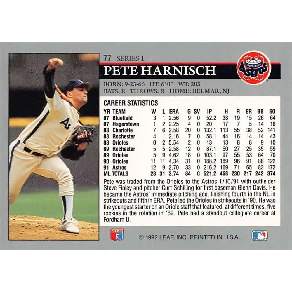 1992 Leaf #77 Pete Harnisch NM-MT Houston Astros Baseball Card - Baseball Card Single