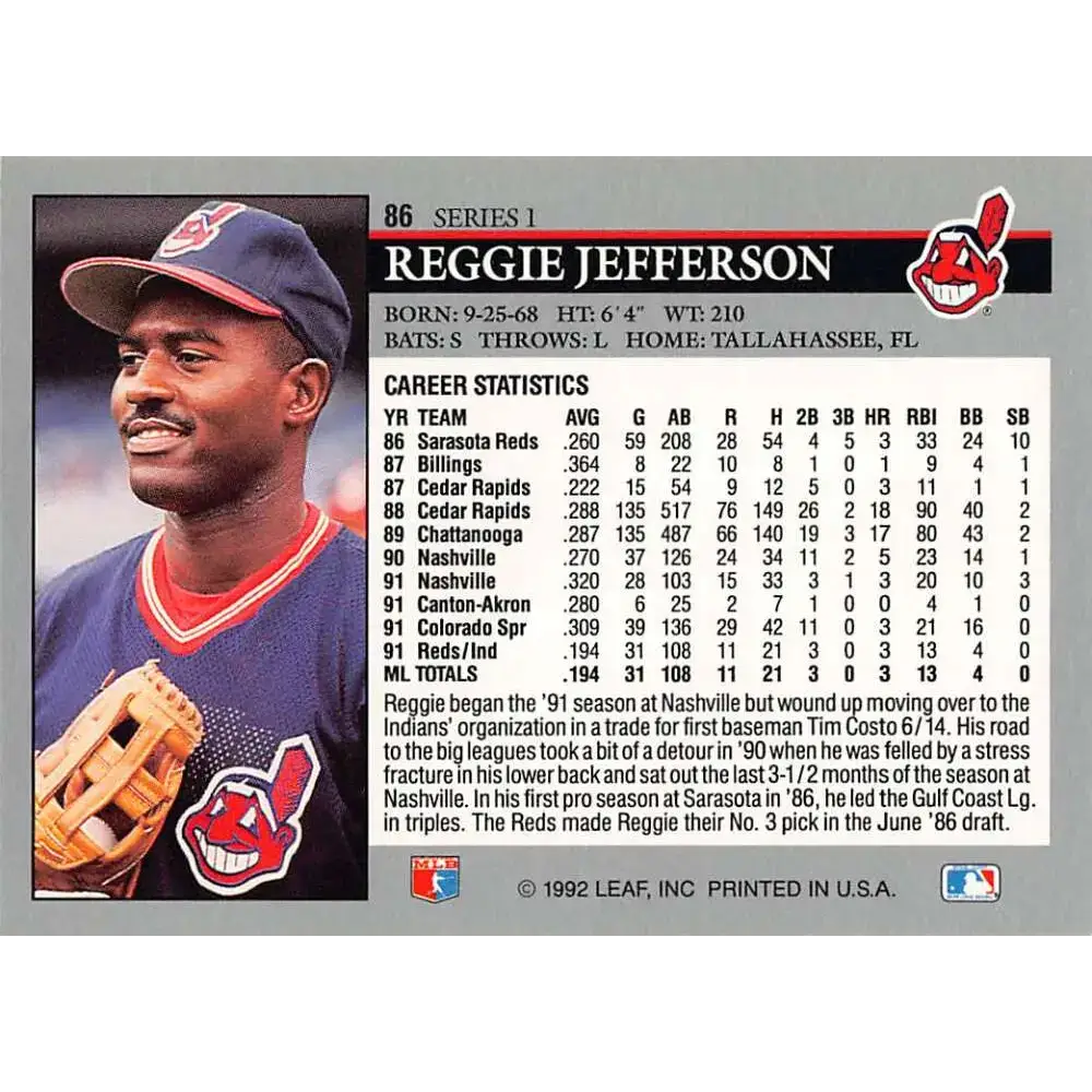1992 Leaf #86 Reggie Jefferson NM-MT Cleveland Indians Baseball Card - Baseball Card Single