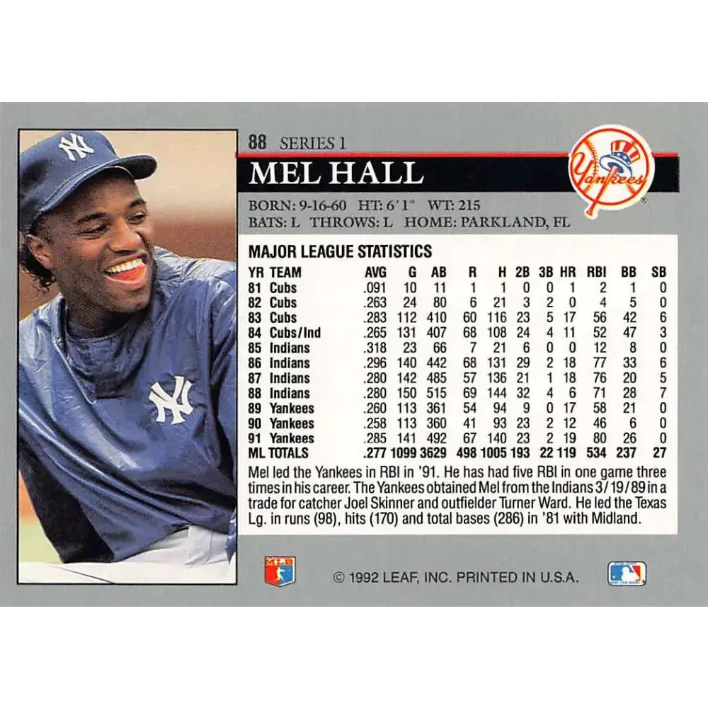 1992 Leaf #88 Mel Hall NM-MT New York Yankees Baseball Card - Baseball Card Single
