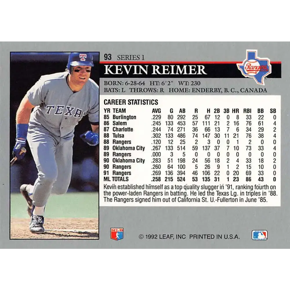1992 Leaf #93 Kevin Reimer NM-MT Texas Rangers Baseball Card - Baseball Card Single