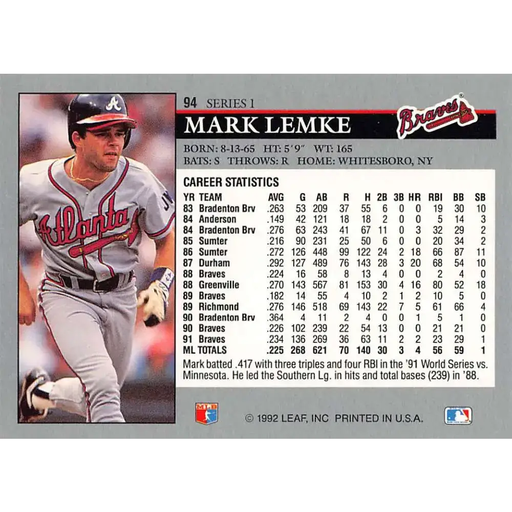 1992 Leaf #94 Mark Lemke NM-MT Atlanta Braves Baseball Card - Baseball Card Single