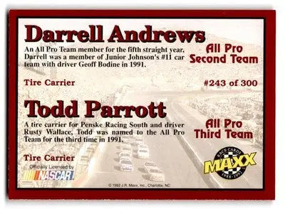 1992 Maxx (Red) #243 Darrell Andrews/ Todd Parrott - Racing Card Single