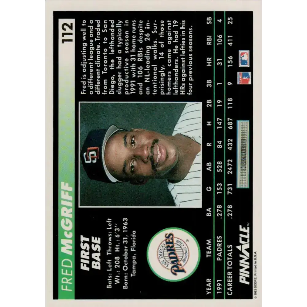 1992 Pinnacle #112 Fred McGriff EX San Diego Padres Baseball Card - Baseball Card Single