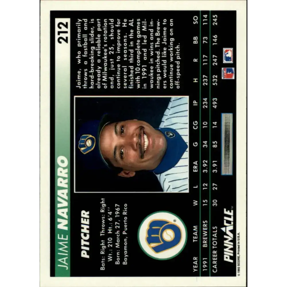 1992 Pinnacle #212 Jaime Navarro EX Milwaukee Brewers Baseball Card - Baseball Card Single