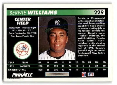1992 Pinnacle #229 Bernie Williams - Baseball Card Single