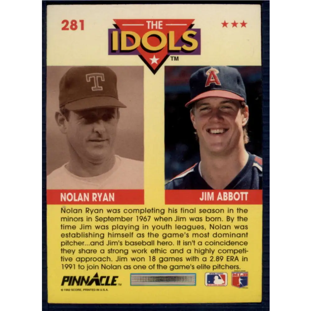 1992 Pinnacle #281 Jim Abbott/Nolan Ryan EX California Angels/Texas Rangers Baseball Card Image 2