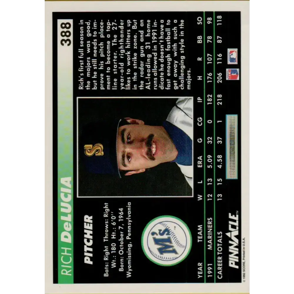 1992 Pinnacle #388 Rich DeLucia EX Seattle Mariners Baseball Card - Baseball Card Single