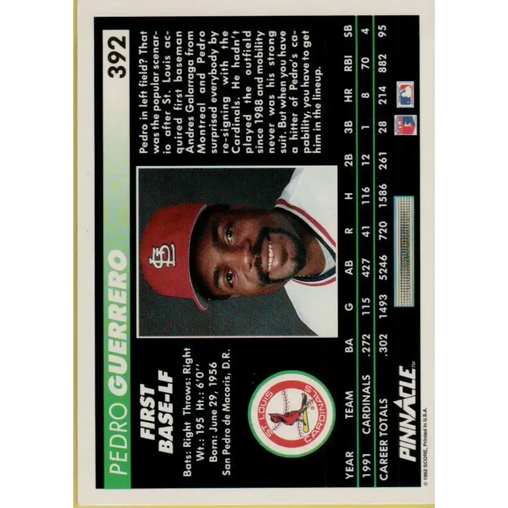 1992 Pinnacle #392 Pedro Guerrero EX St. Louis Cardinals Baseball Card - Baseball Card Single