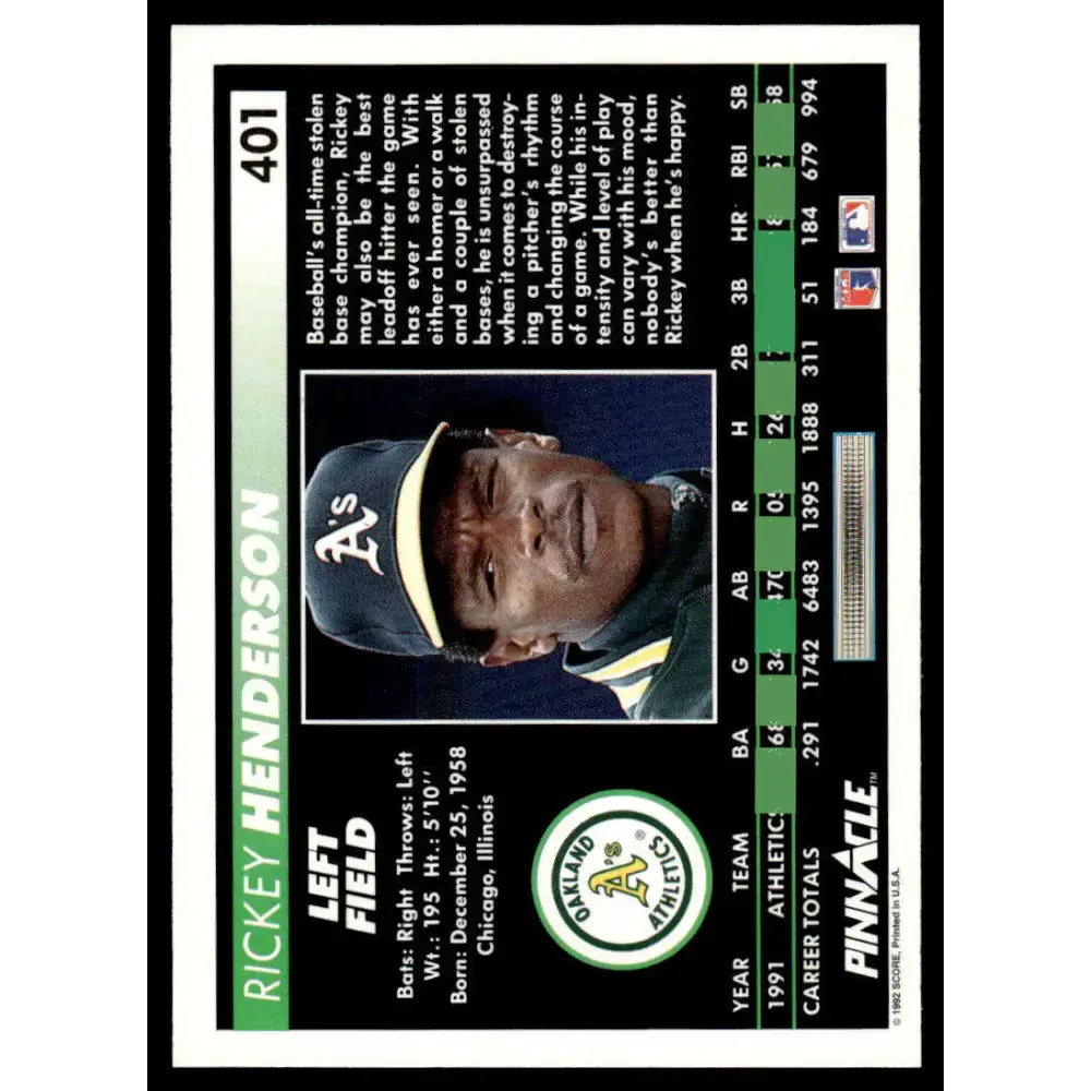 1992 Pinnacle #401 Rickey Henderson NM-MT Oakland Athletics Baseball Card - Baseball Card Single