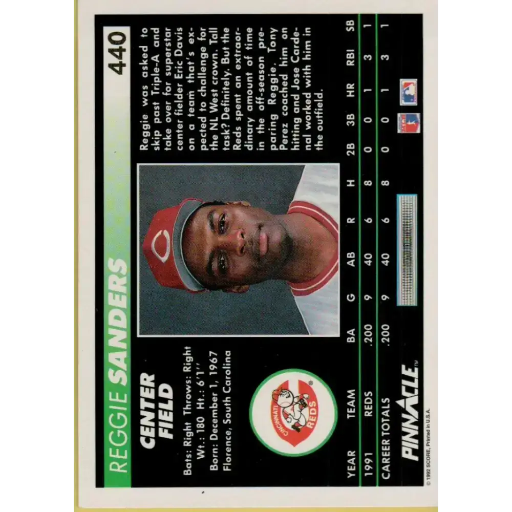 1992 Pinnacle #440 Reggie Sanders EX Cincinnati Reds Baseball Card - Baseball Card Single