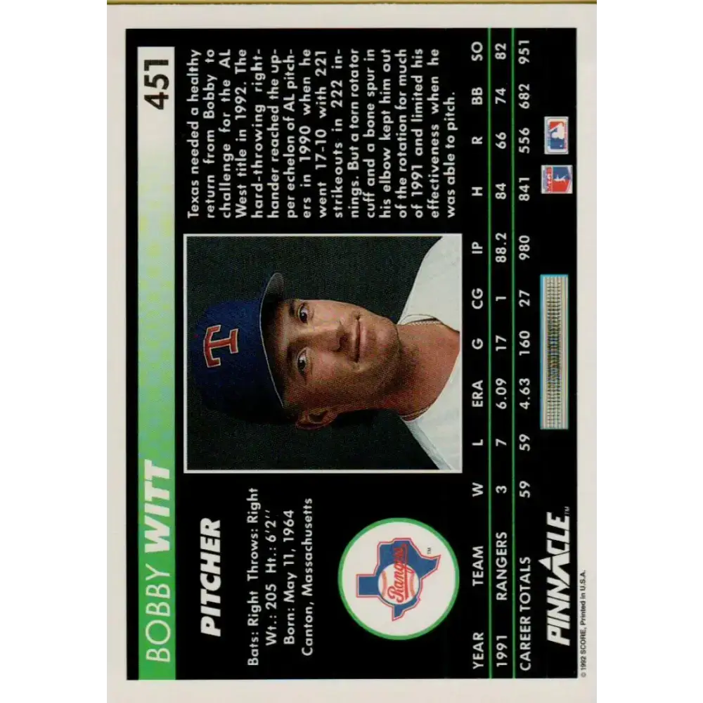 1992 Pinnacle #451 Bobby Witt EX Texas Rangers Baseball Card - Baseball Card Single
