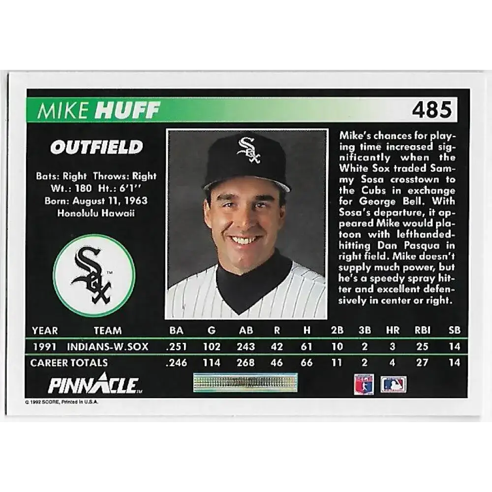 1992 Pinnacle #485 Mike Huff EX Chicago White Sox Baseball Card - Baseball Card Single