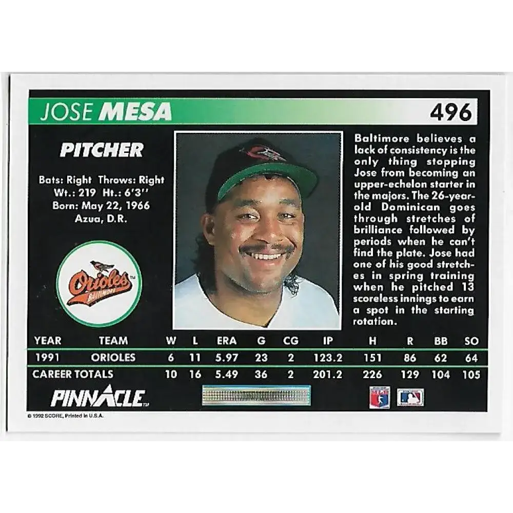 1992 Pinnacle #496 Jose Mesa EX Baltimore Orioles Baseball Card - Baseball Card Single