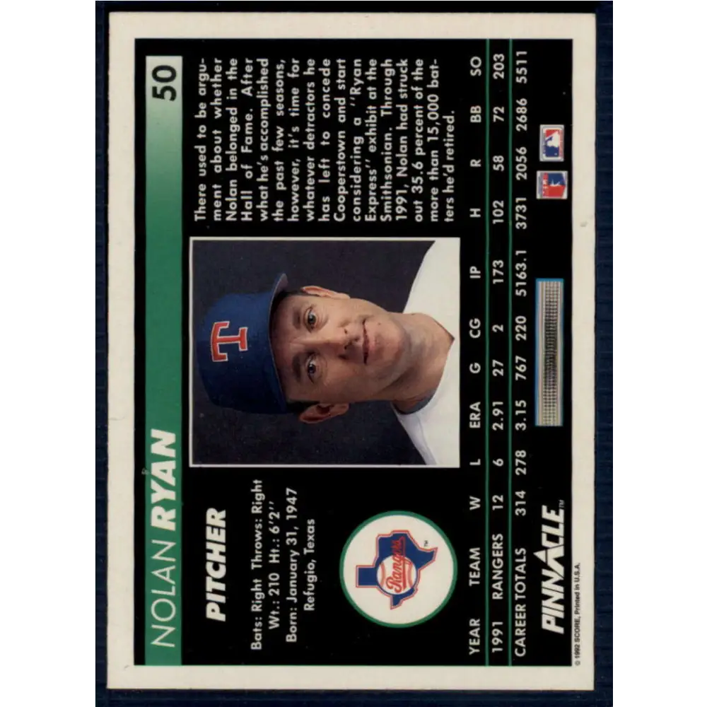 1992 Pinnacle #50 Nolan Ryan EX Texas Rangers Baseball Card Image 2