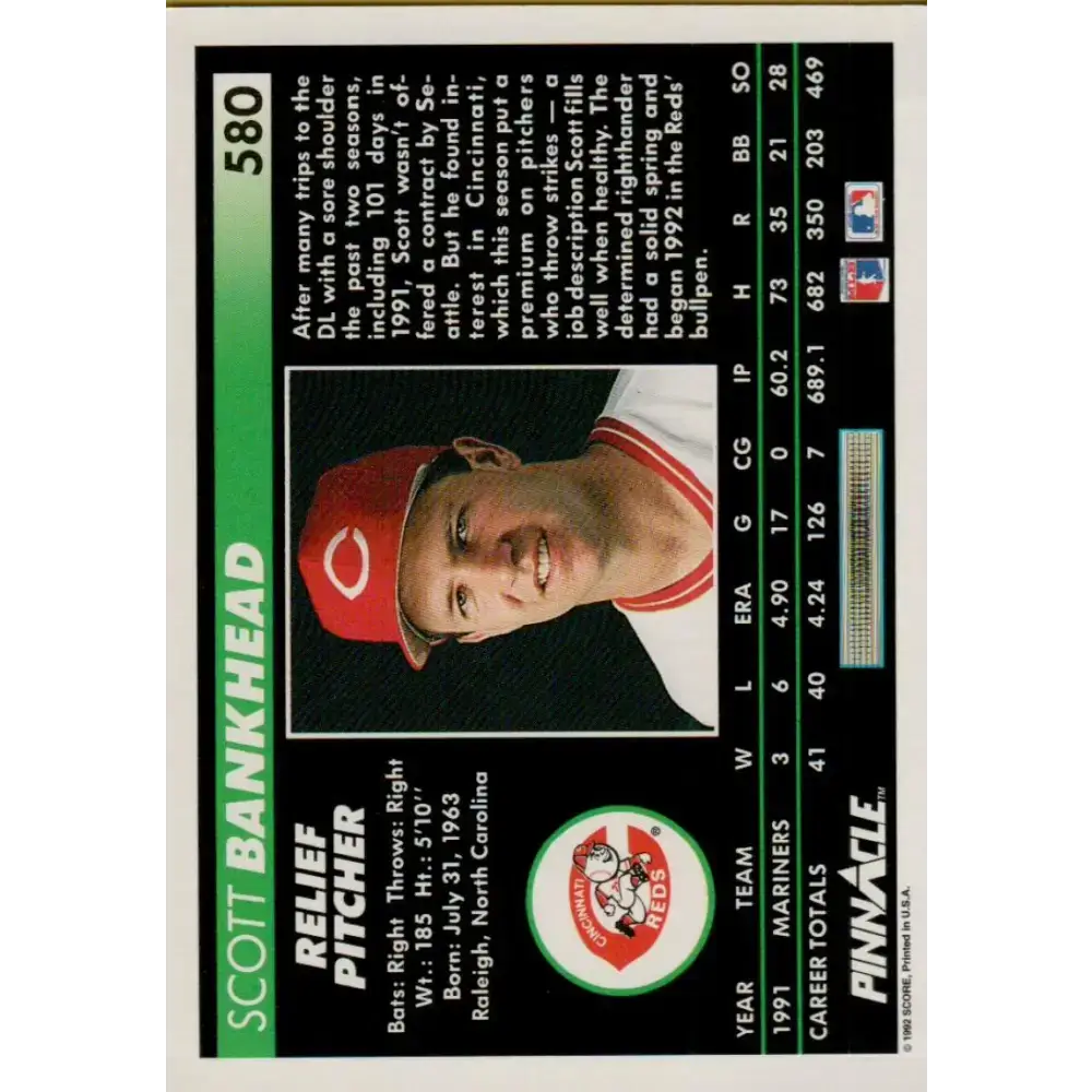 1992 Pinnacle #580 Scott Bankhead EX Cincinnati Reds Baseball Card - Baseball Card Single