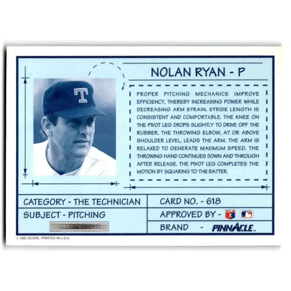 1992 Pinnacle #618 Nolan Ryan TECH EX Texas Rangers Baseball Card - Baseball Card Single